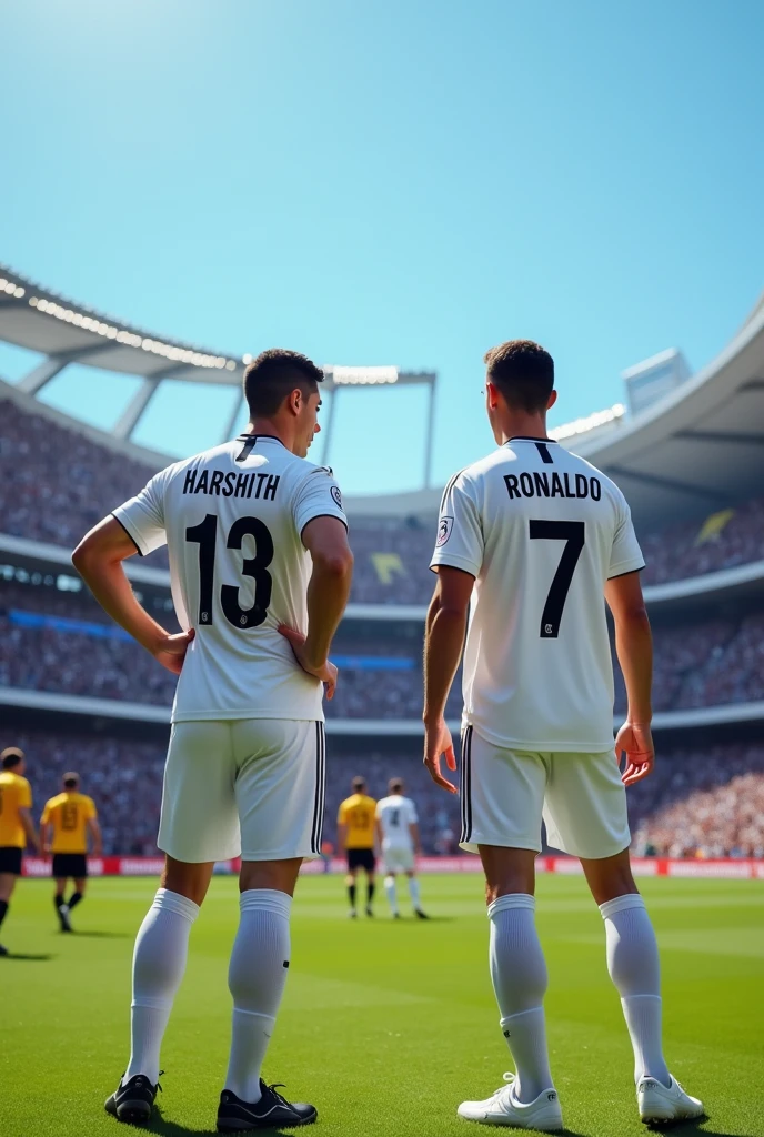 Me white person on real madrid white jersey no 13 name harshith with Cristano Ronaldo white jersey no 7 name Ronaldo back side view no face picture took during a match in blue some referees and players in match on the pitch and my hand on my hipe and pictures look like real took during a match stadium full Cristano Ronaldo near me ronaldo very standing close to me and looking at the goalkeeper together in the pitch I am not taller than ronaldo
Ronaldo jersey no 7
Me 13
I am short
Ronaldo and me in white jersey real madrid no 7
No change in the picture make me little short