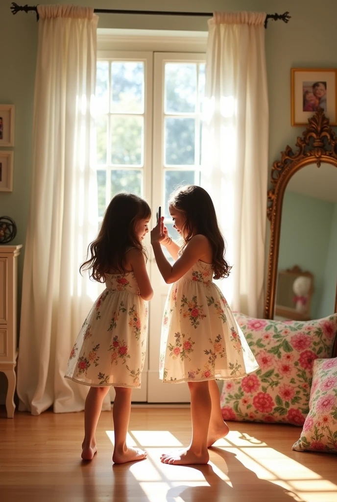 2.daughters who take pictures of themselves in front of the mirror, they are dressed in dresses 