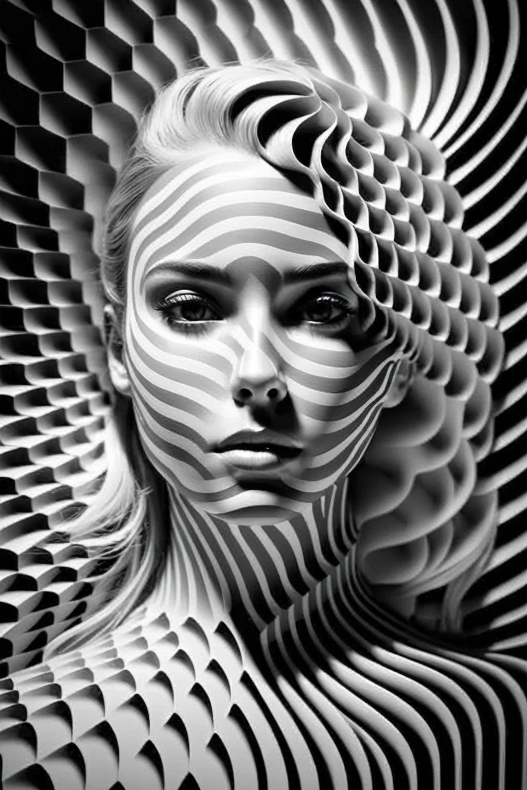 a woman with a black and white pattern on her face, stunning digital art, complicated digital art, 3 d digital art, 3d digital art, complicated digital artwork, Advanced 3D digital art, amazing detailed digital art, digital complicated art, Detailed 3D digital art, amazing digital art, 4k symmetrical portrait, 4k symmetrical portrait