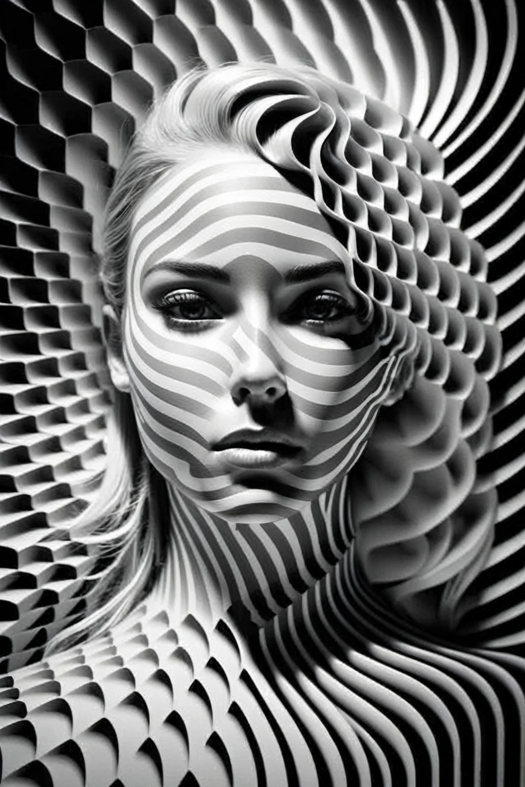 a woman with a black and white pattern on her face, stunning digital art, complicated digital art, 3 d digital art, 3d digital art, complicated digital artwork, Advanced 3D digital art, amazing detailed digital art, digital complicated art, Detailed 3D digital art, amazing digital art, 4k symmetrical portrait, 4k symmetrical portrait