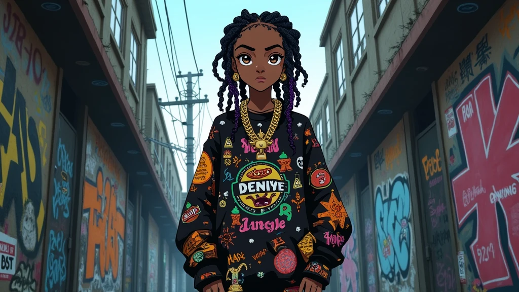 black anime character in braids with baggy loose shirt with the gang signs
