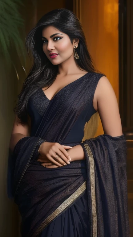 A captivating photo-realistic depiction of a sexy and mature Indian woman, radiating allure as she cuddles her partner in the dimly lit ambiance of an ancient palace at night. Her sultry curves are accentuated by the clingy black saree that hugs her body, revealing a tantalizing glimpse of her cleavage and navel. Her eyes, sparkling with desire and sensuality, gaze intently into the night, as the rich textures of her flawless features gleam in the darkness. With her perfect face, seductive pout, and luscious locks cascading down her shoulders, she embodies the essence of desire and passion, inviting