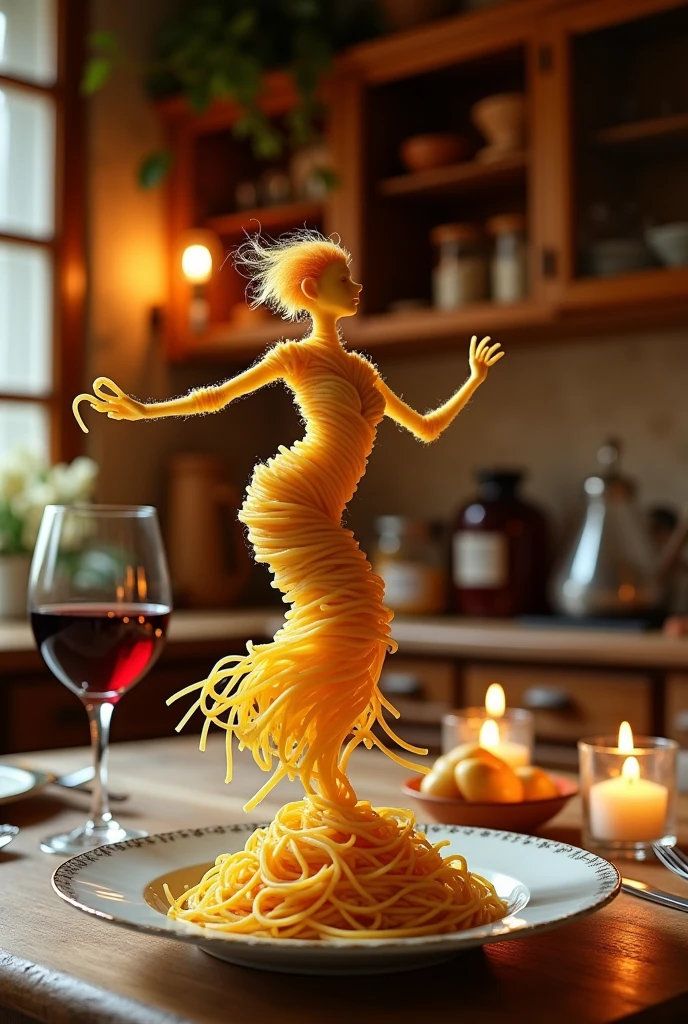 Create a whimsical and artistic scene featuring a single human-like figure made entirely of spaghetti. This figure should appear to be dancing gracefully on a plate. The background should depict a cozy kitchen setting with warm, ambient lighting, creating a romantic and intimate atmosphere. Include elements such as a glass of red wine and a beautifully set table to enhance the mood.