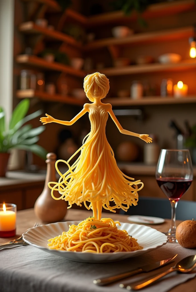 Create a whimsical and artistic scene featuring a single human-like figure made entirely of spaghetti. This figure should appear to be dancing gracefully on a plate. The background should depict a cozy kitchen setting with warm, ambient lighting, creating a romantic and intimate atmosphere. Include elements such as a glass of red wine and a beautifully set table to enhance the mood.