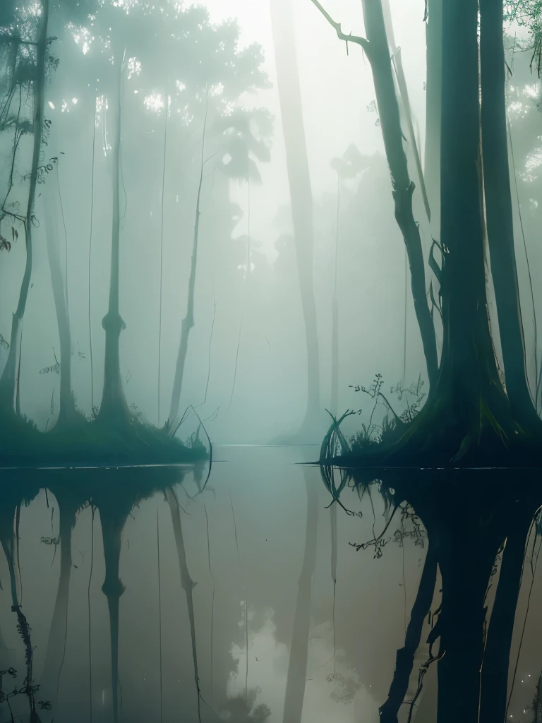 trees in the water are covered with moss and are reflected in the water, foggy swamp, swampy atmosphere, swamps, scene from louisiana swamps, misty swamp, louisiana swamps, artistic swamp with mystic fog, located in a swamp at sunrise, swamp forest, eerie!!! atmosphere, by roger deakins, eerie!, melting and dripping. eerie