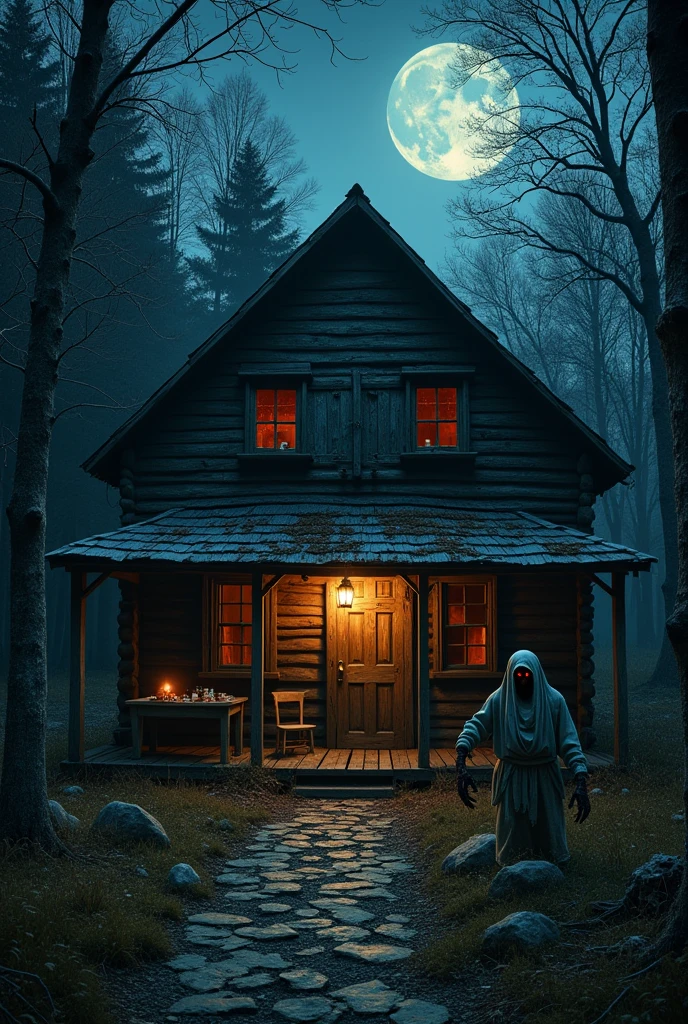 A secluded cabin in the middle of a dense forest, On a moonless night, where only the dim light of a lantern sways gently on the porch, casting disturbing shadows around. The wood of the cabin is rotten, with parts of the walls covered in moss and fungus, giving the impression that the place was abandoned a long time ago. The windows are all covered with irregularly nailed boards., as if someone desperately wanted to keep something out — or maybe in.

Inside the cabin, visible through the half-open door, there is an old table, with a single lit candle casting a flickering light over a table covered in old yellowed papers and small, misshapen bones. A chair is overturned on the floor, as if someone had knocked her down while trying to escape. In the darkest corner of the cabin, something moves slowly, a hunched figure, with elongated and twisted limbs, dressed in bloody rags. His eyes are two glowing red dots piercing the darkness., fixed on those who dare to look inside. 

o vento sopra suavemente, making the surrounding trees groan and writhe, while a barely audible whisper, like a macabre prayer, seems to emanate from the cabin itself, insinuating that something ancient and malevolent still resides there, waiting patiently for his next victim.
