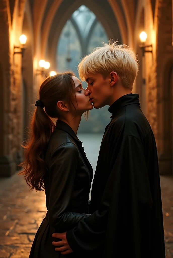 Une fille au cheveux, marrons, et noués en queue de cheval embrassant Draco Malfoy au cheveux blonds platine et courts.