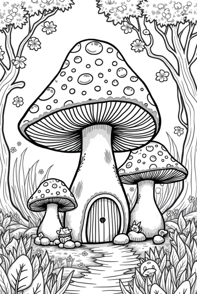 Generate a mushroom House coloring book pages high details no grayscale no color black and white nature background