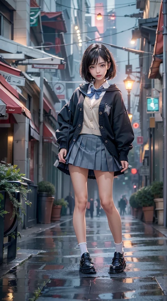 (((Lift the edge of the skirt with your hand:1.3))), (((skirt rift:1.3))), (((lift skirt myself:1.3))), ((panties focus)), ((shool uniform)), ((Cardigan)), ((a miniskirt)), Modern old cityscape, (The FW), 1womanl, Solo, 24 year old, 7headed body, (cute face), (Ideal ratio body proportions), (Composition from head to thigh), Smiling smile, erectile nipple, Sexy body, Wet, short-hair, Dark hair, small tits, A slender, Small buttocks, beauty legs, Skinny Legs, surrealism, Cinematic lighting, depth of fields, One-person viewpoint, F/1.8, 135 mm, nffsw, masutepiece, ccurate, ((Anatomically correct)), Textured skin, Super Detail, high details, High quality, awardwinning, Best Quality, hight resolution, 8K