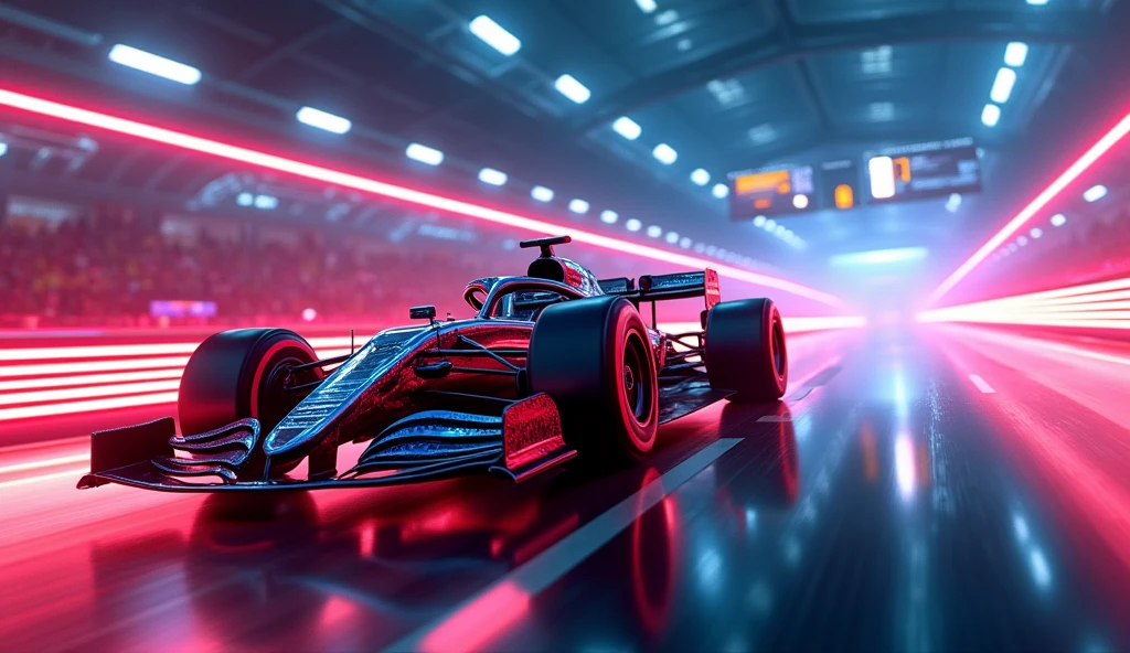 High-energy digital artwork of future racing, With a sleek design, High-speed vehicles on a neon-lit track, The roar of the crowd, And racers in aggressive poses, Conveys the excitement and innovation of future sports. ,photography, Natural geographic photography, Too realistic, Resolution 16k, (Masterpiece, award-winning art), very detailedมาย, very detailed, full of details, Wide range of colors, High Dynamic, XL Overview,