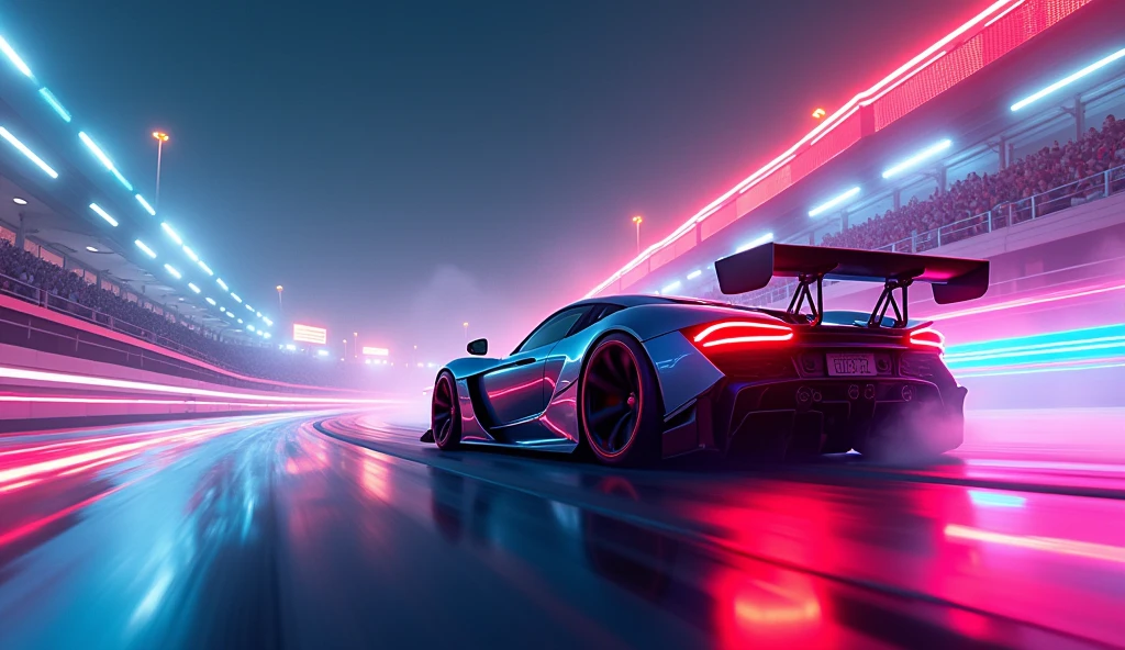 High-energy digital artwork of future racing, With a sleek design, High-speed vehicles on a neon-lit track, The roar of the crowd, And racers in aggressive poses, Conveys the excitement and innovation of future sports. ,photography, Natural geographic photography, Too realistic, Resolution 16k, (Masterpiece, award-winning art), very detailedมาย, very detailed, full of details, Wide range of colors, High Dynamic, XL Overview,