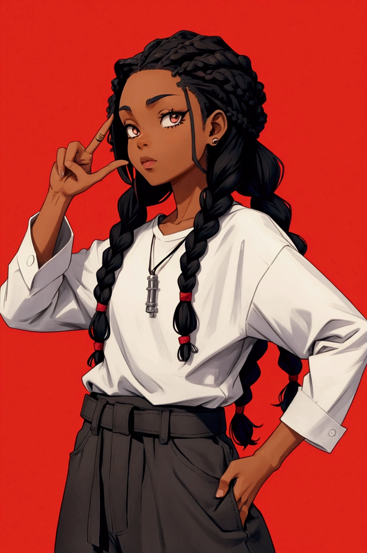 black anime character in braids with baggy loose shirt with the gang signs 