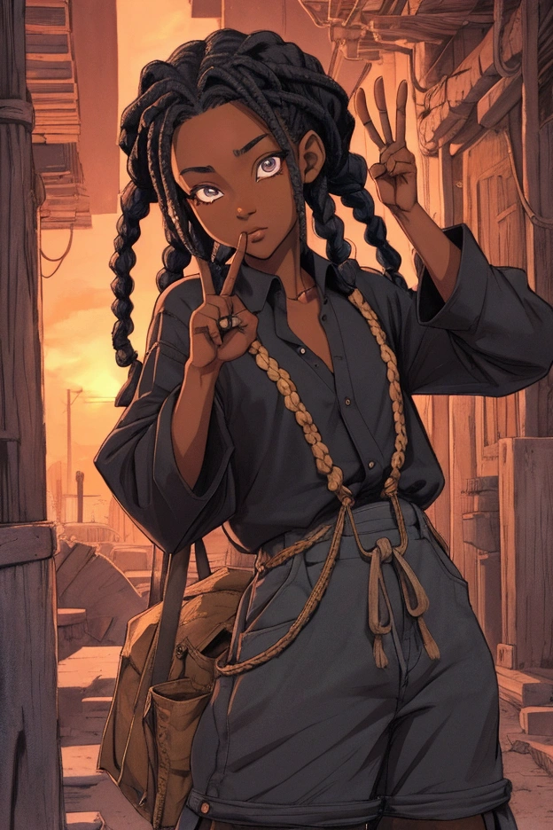 black anime character in braids with baggy loose shirt with the gang signs