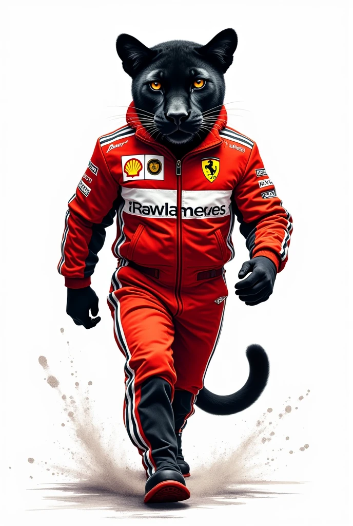 Ralph Lauren&#39;s polo bear but it&#39;s a panther dressed as a Formula 1 car with a white background and the Ferrari team that looks like a drawing