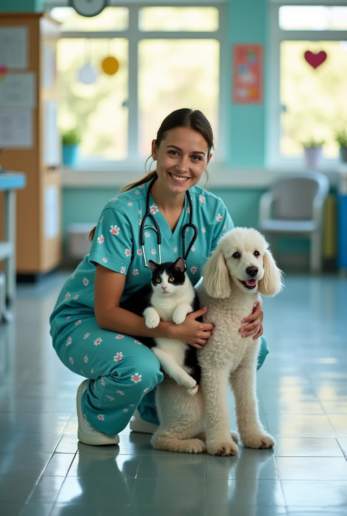 Nurse with a black and white cat and a white poodle