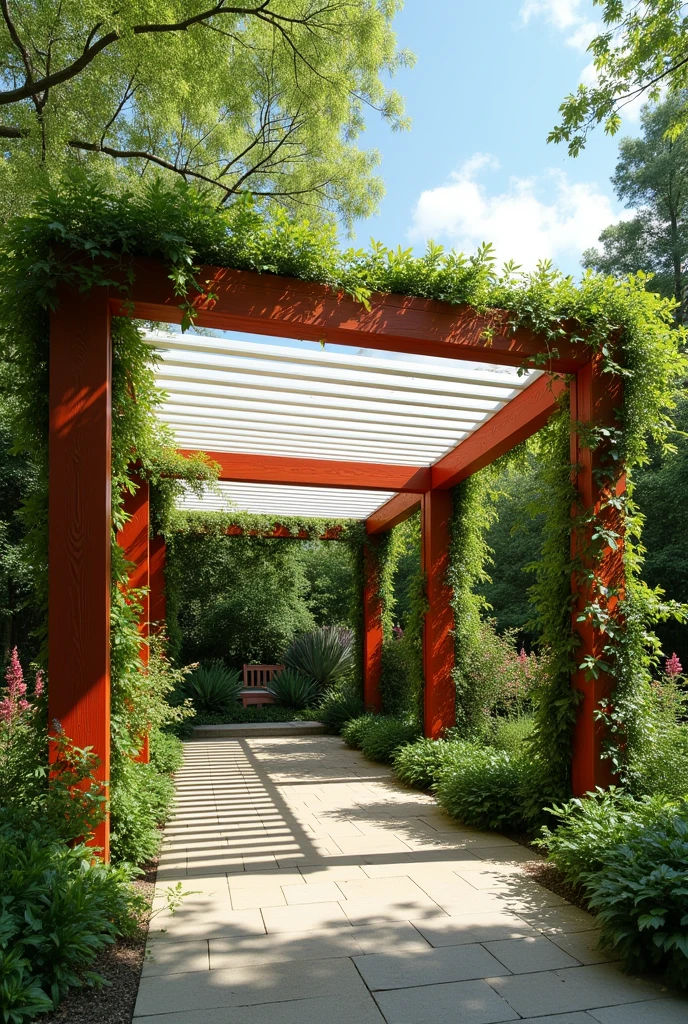 An image of a pergola with vegetation and wood and polycarbonate material with white colors , Red and transparent, it must have a square shape.