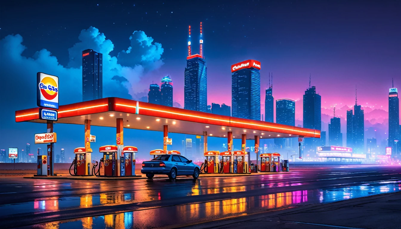 Gas station on isolated highway, neon lights, smog, skyscrapers in the distance, big deep sky, at night