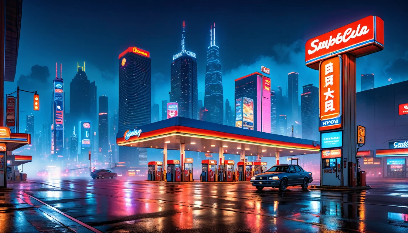 Gas station on isolated highway, neon lights, smog, skyscrapers in the distance, big deep sky, at night