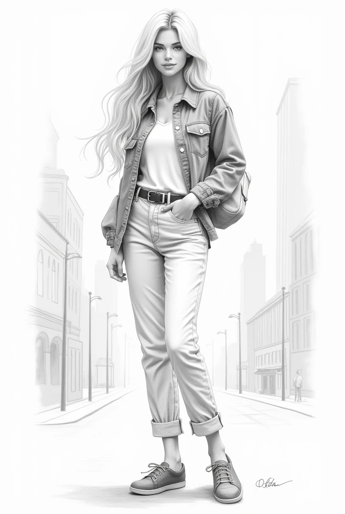 Handmade sketch of a woman, with long white hair, hair down to the foot, teenager, American, shirt, canvas pants, heel toe. 