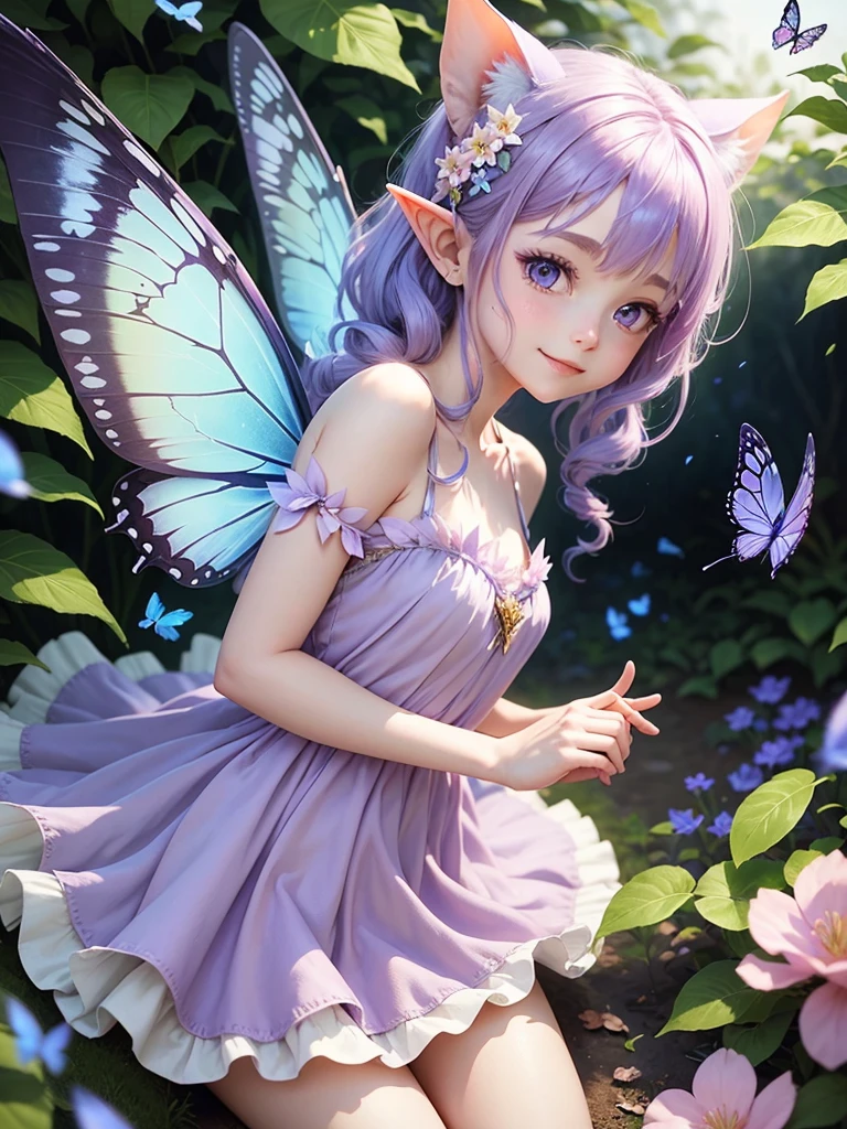 cute little Fairy, blue butterfly, Light Purple Hair, pink eyes,  A pale purple dress with pointy ears, made of petals and leaves.  The fairy has a forward leaning posture, wearing flower clothes made of leaves and thin wings. She is gently smiling, holding a large leaf.