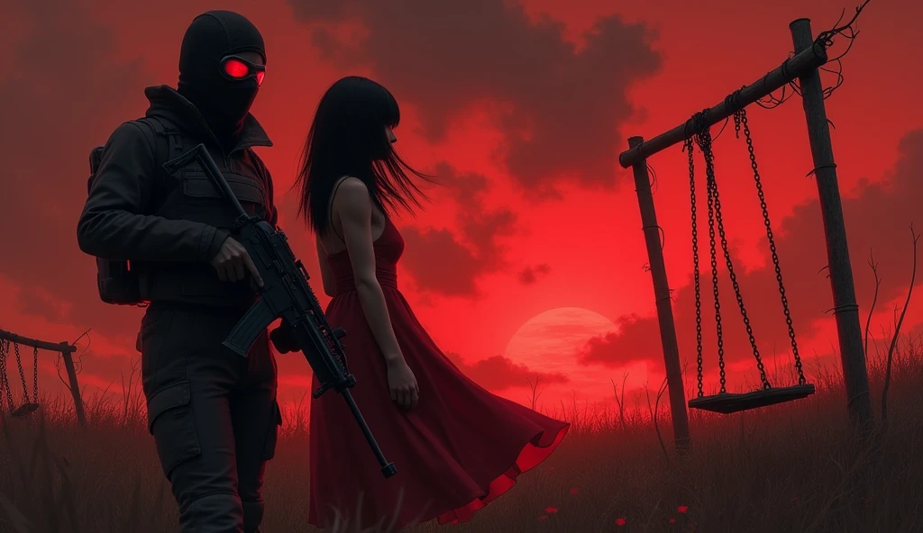 F.E.A.R. operative wearing tactical balaclava and red googles holding sub-machine gun standing with short in red dress with tall black hair and pale skin. Her eyes glow red and her height is short. They both standing near the swings and look at chaotic red sky.