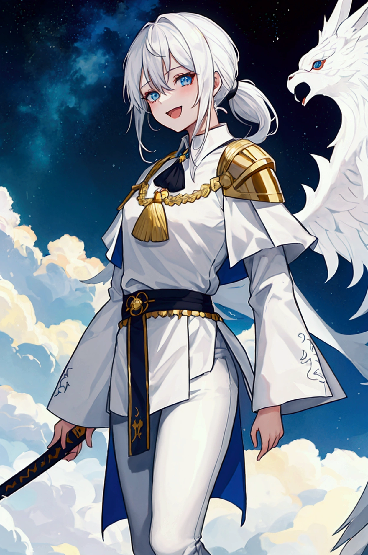 1 girl, adult, white long ponytail, white shirt, pants, big chest, smile, white hair, black pants, tights pants, (tall), high boots, ремни везде, черные штаны, royal clothes, рыцарь, командир армии, погоны, more details, golden details, бинты, завязки на рубашке, глубокий вырез на груди, черные глаза, щурится, кожаные черные ремни, ножны, happy, mediaeval, fantasy, развязная поза, open mouth, энергичная, подвижная, девушка подпрыгивает, really happy, stand, ((with sword:1.5), ((battle pose)), (stand), (большая грудная клетка), Scandinavian, tall girl, warrior, королевство за спиной, снег, черные деревья