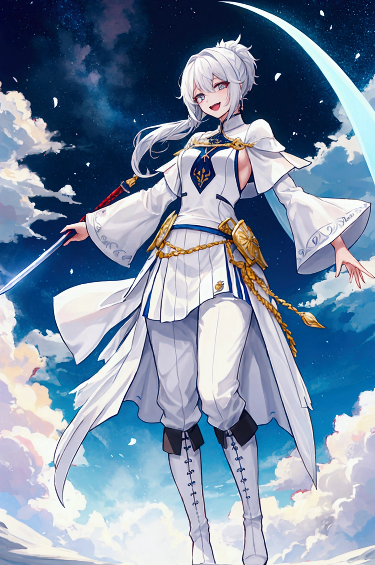 1 girl, adult, white long ponytail, white shirt, pants, big chest, smile, white hair, black pants, tights pants, (tall), high boots, ремни везде, черные штаны, royal clothes, рыцарь, командир армии, погоны, more details, golden details, бинты, завязки на рубашке, глубокий вырез на груди, черные глаза, щурится, кожаные черные ремни, ножны, happy, mediaeval, fantasy, развязная поза, open mouth, энергичная, подвижная, девушка подпрыгивает, really happy, stand, ((with sword:1.5), ((battle pose)), (stand), (большая грудная клетка), Scandinavian, tall girl, warrior, королевство за спиной, снег, черные деревья