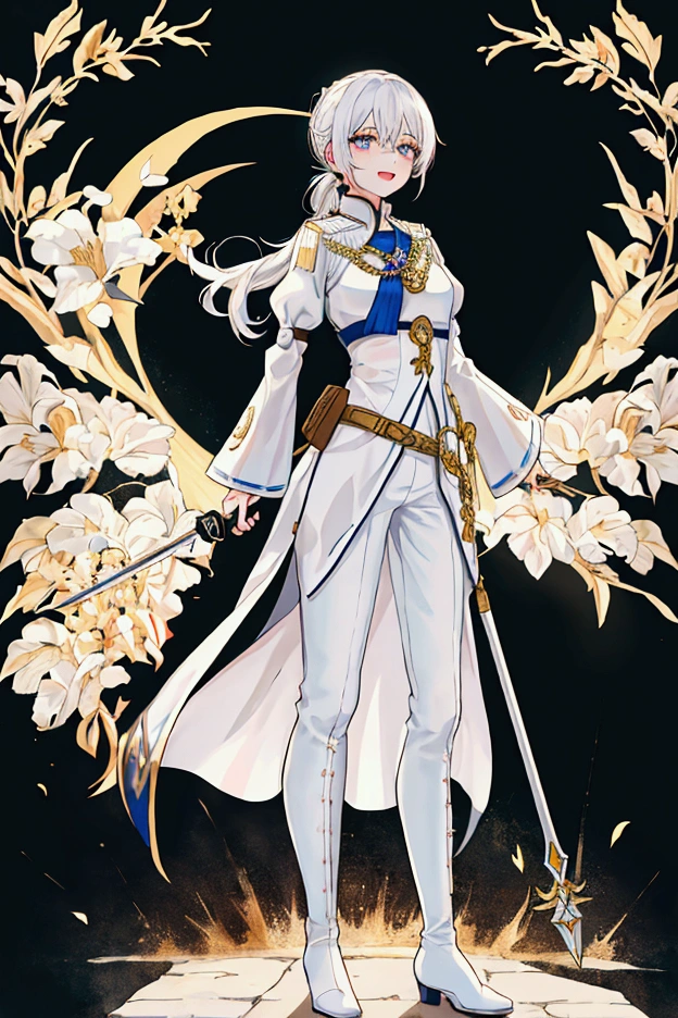 1 girl, adult, white long ponytail, white shirt, pants, big chest, smile, white hair, black pants, tights pants, (tall), high boots, ремни везде, черные штаны, royal clothes, рыцарь, командир армии, погоны, more details, golden details, бинты, завязки на рубашке, глубокий вырез на груди, черные глаза, щурится, кожаные черные ремни, ножны, happy, mediaeval, fantasy, развязная поза, open mouth, энергичная, подвижная, девушка подпрыгивает, really happy, stand, ((with sword:1.5), ((battle pose)), (stand), (большая грудная клетка), Scandinavian, tall girl, warrior, королевство за спиной, снег, черные деревья