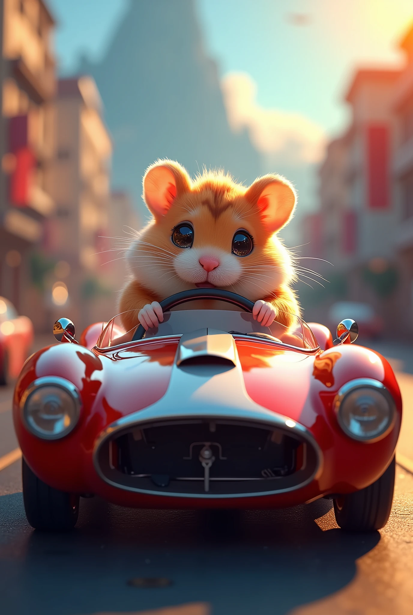 A super cute hamster driving a hamster-sized supercar, extremely detailed, hamster with big eyes, chubby cheeks, fluffy fur, hamster-sized supercar, glossy paint, intricate details, vibrant colors, photorealistic, 8k, highly detailed, hyperrealistic, dramatic lighting, cinematic composition