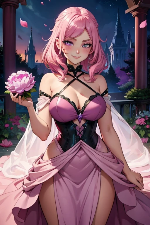 Perfect face. Perfect hands. A pink haired woman with violet eyes an hourglass figure in a leather ball gown is blushing win a flurry of peony petals while smiling in a Gothic garden at night