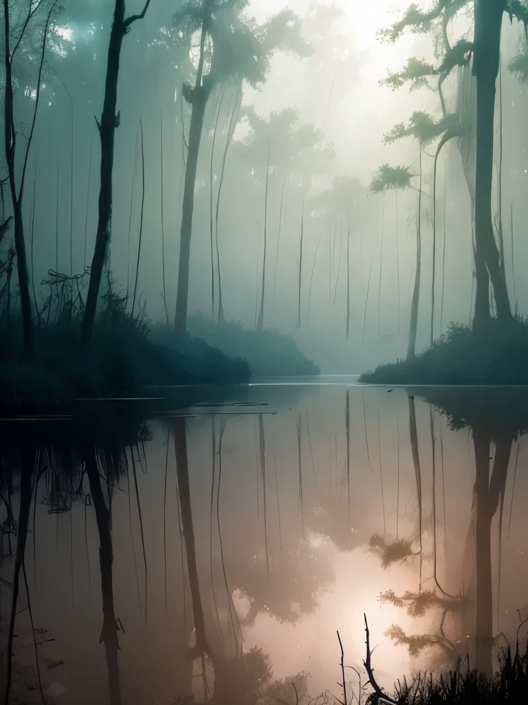trees in the water are covered with moss and are reflected in the water, a matte painting by roger deakins, flickr, land art, foggy swamp, swampy atmosphere, swamps, scene from louisiana swamps, misty swamp, louisiana swamps, artistic swamp with mystic fog, located in a swamp at sunrise, swamp forest, eerie!!! atmosphere, eerie!