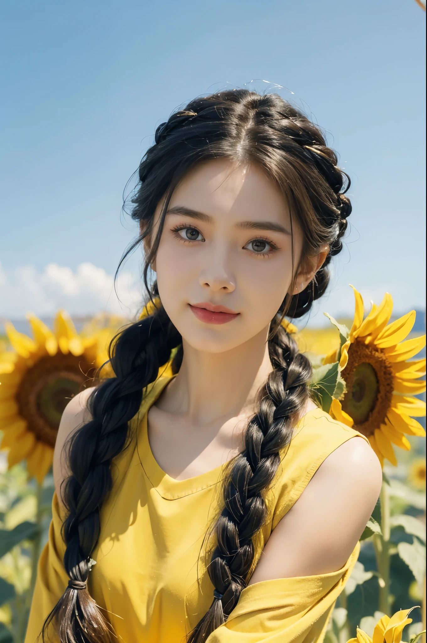 (((best quality))), (((ultra detailed))), (((masterpiece))), illustration,((a beautiful Ukrainian girl,solo)),((slim,thin)),((small breasts,flat chest)),(standing amidst a field of sunflowers:1.3),(short blue braid hair:1.5), (vibrant yellow shirt:1.5),((from front,close-up of face)),complementary attire, (horizon as backdrop:1.2),((brilliant shade of clear blue sky, stark contrast with sea of yellow sunflowers)),striking features, sharp piercing eyes, warm kindness, subtle smile, gentle nature, simplicity of beauty