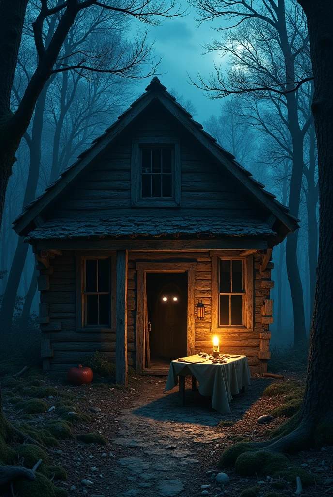 A secluded cabin in the middle of a dense forest, On a moonless night, where only the dim light of a lantern sways gently on the porch, casting disturbing shadows around. The wood of the cabin is rotten, with parts of the walls covered in moss and fungus, giving the impression that the place was abandoned a long time ago. The windows are all covered with irregularly nailed boards., as if someone desperately wanted to keep something out — or maybe in.
Inside the cabin, visible through the half-open door, there is an old table, with a single lit candle casting a flickering light over a table covered in old yellowed papers and small, misshapen bones. A chair is overturned on the floor, as if someone had knocked her down while trying to escape. In the darkest corner of the cabin, something moves slowly, a hunched figure, with elongated and twisted limbs, dressed in bloody rags. His eyes are two glowing red dots piercing the darkness., fixed on those who dare to look inside.
o vento sopra suavemente, making the surrounding trees groan and writhe, while a barely audible whisper, like a macabre prayer, seems to emanate from the cabin itself, insinuating that something ancient and malevolent still resides there, waiting patiently for his next victim.