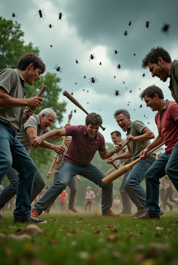create an image of a group of people brutally beating ticks