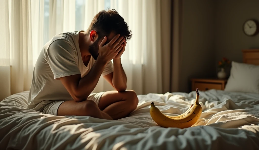 (photorealism:1.2), photo realism. Create me a photo-type image of a man sitting on the bed, worried with hands on face, with the sheets over his legs. On her legs there is a banana facing downwards, and withered.