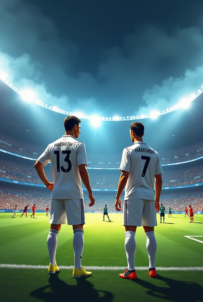 Me white person on real madrid white jersey no 13 name harshith with Cristano Ronaldo white jersey no 7 name Ronaldo back side view no face picture took during a match in blue some referees and players in match on the pitch and my hand on my hipe and pictures look like real took during a match stadium full Cristano Ronaldo near me ronaldo very standing close to me and looking at the goalkeeper together in the pitch I am not taller than ronaldo
Ronaldo jersey no 7
Me 13
I am short
Ronaldo and me in white jersey real madrid no 7
No change in the picture make me little short
No face