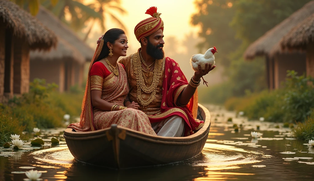 Indian King roming in a village in boat and carrying chicken in his hand and keeping his wife in his hip