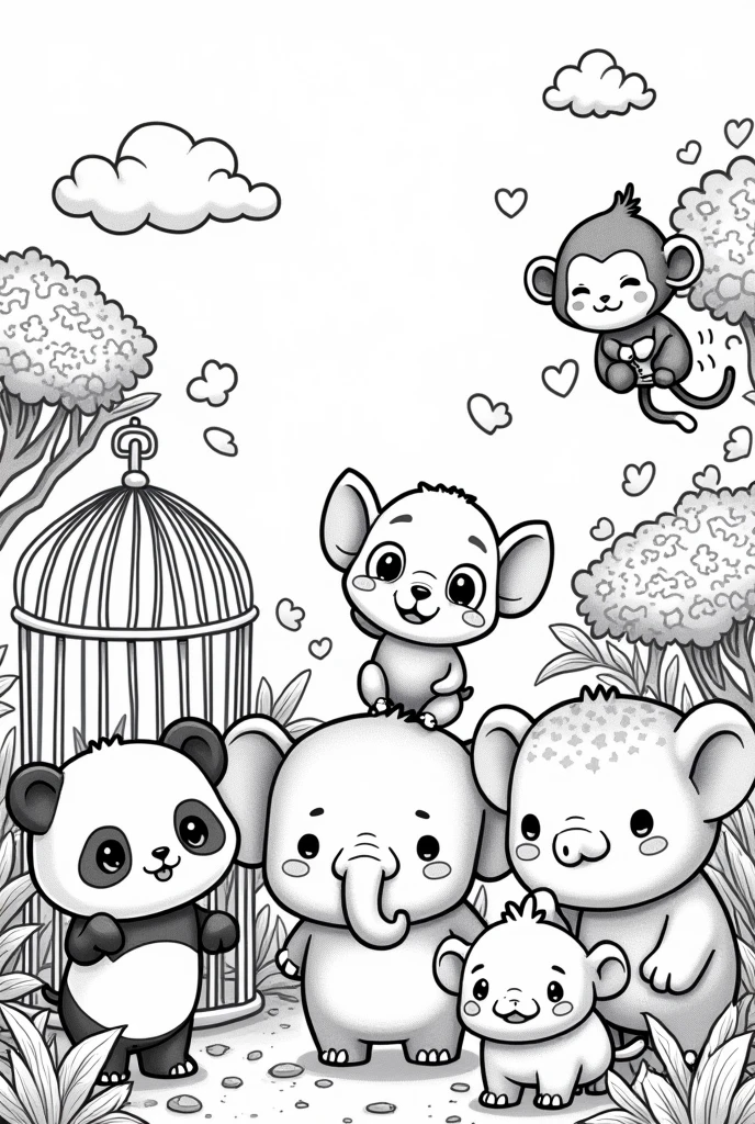 black and white drawing of zoo animals in kawai style