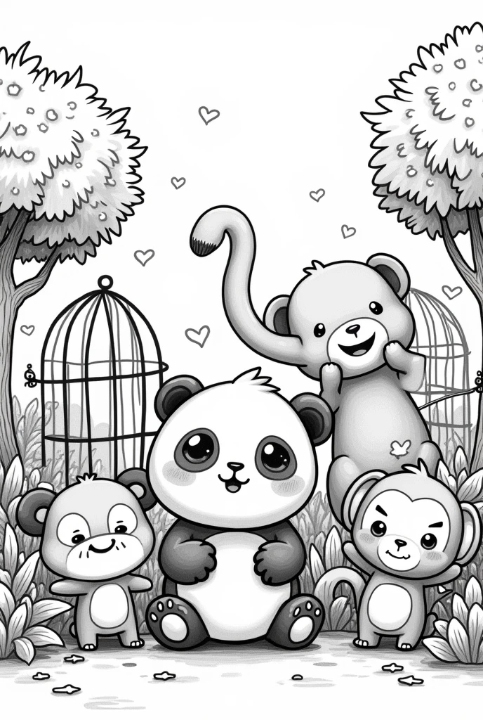 black and white drawing of zoo animals in kawai style