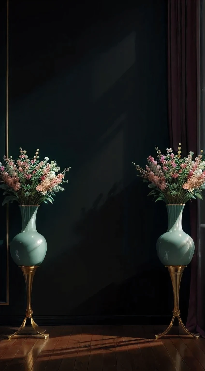 Studio style background with aesthetic floral details, elegant vases with flowers, cinematic lighting, volumetric lighting