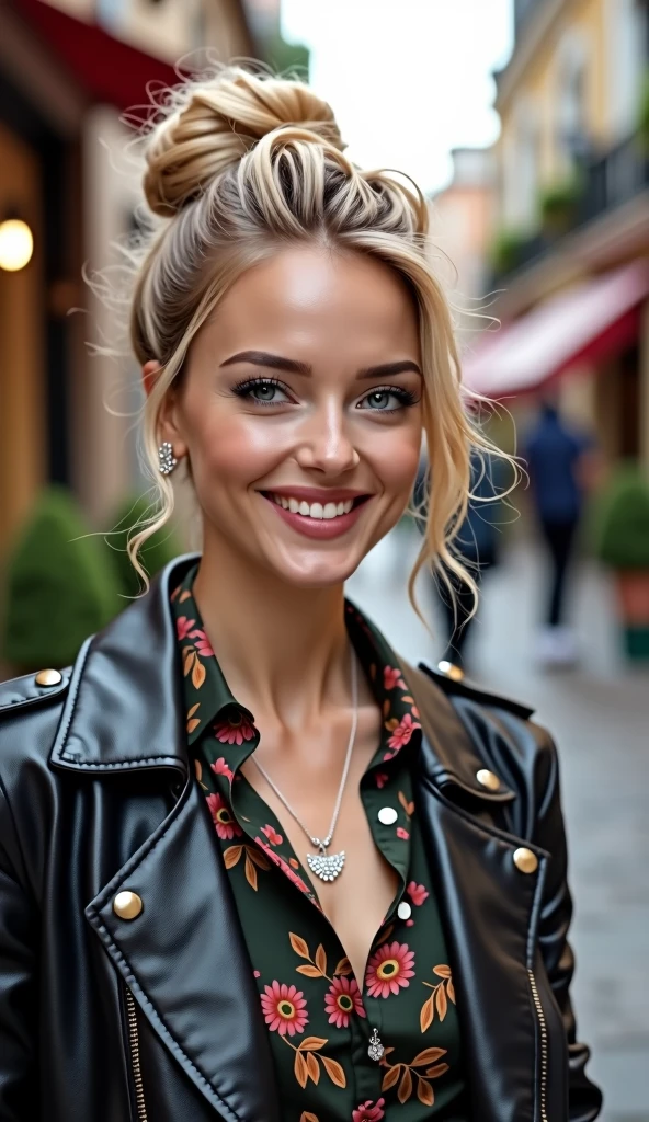 Super Resolution、Beautiful Caucasian Woman、Blonde Hair、blue eyes、Hairstyle bun、ear piercing、necklace、leather jacket、shirt、smile、Beautiful teeth alignment、The background is a town street