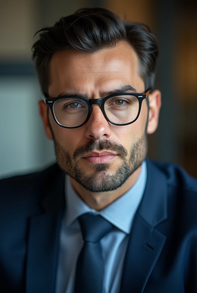 I want an image of a guy looking straight ahead, this guy wears glasses, he's a serious and focused guy wearing a suit, and the background is blurred, focusing only on his face.