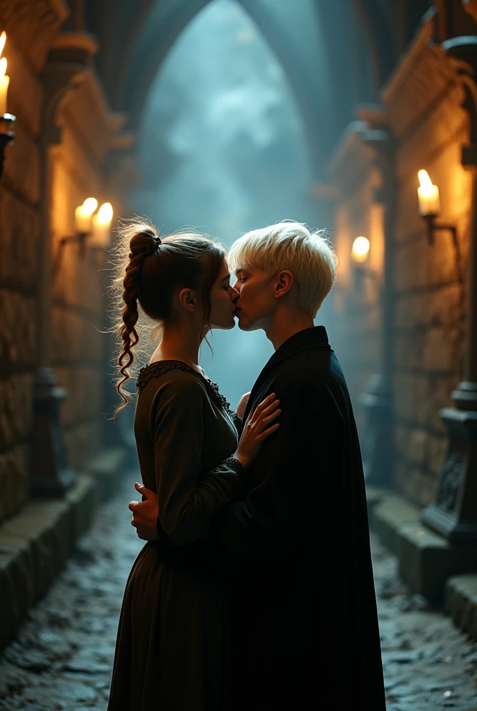 Une fille au cheveux, marrons, et noués en queue de cheval embrassant Draco Malfoy au cheveux blonds platine et courts.