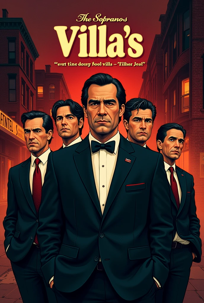 I want a cover based on the Sopranos series with a picture of the men from the series and the title “Villa’s” with some quote from the series about family 