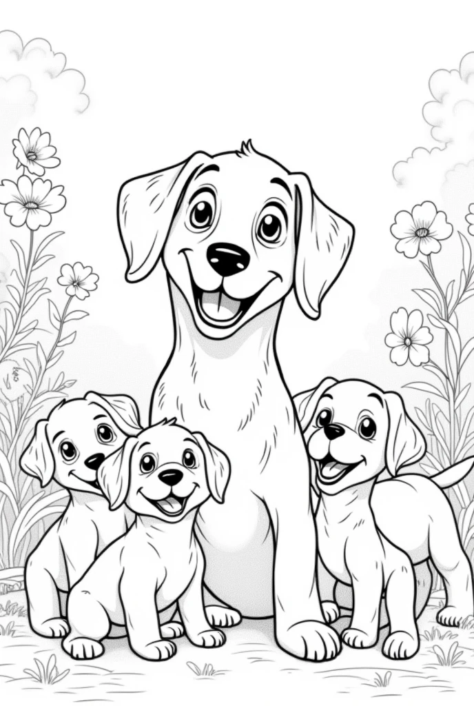 I want a black and white drawing to color of a dog with many puppies