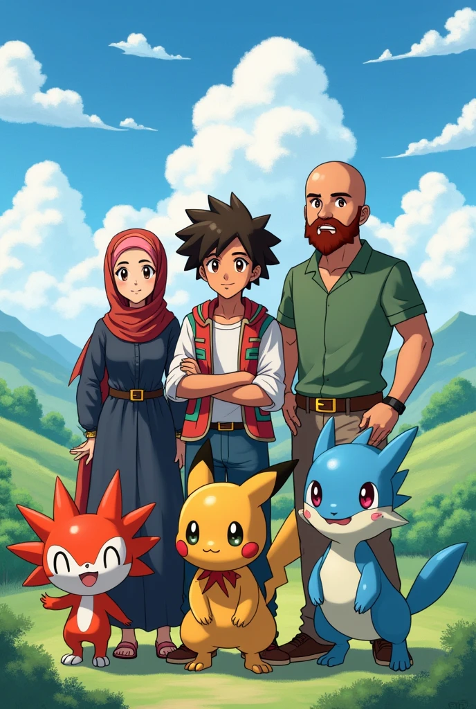 (Please pay attention to all the points I write and take it into the picture)

3 adults, I am a Pokemon trainer with a hijab, fair skin, brown eyes, curvy body with long clothes

Then my brother, a Pokemon Trainer, with medium-length curly hair with a fade, full beard, sturdy, leicht gebräunt und brown eyes.

Then my husband, a Pokemon Trainer, with a bald head, slightly red full beard, sturdy, white skin and green-blue eyes.

The three of us have the starter Pokémon from Kanto, Glumanda, schiggi und bisasam