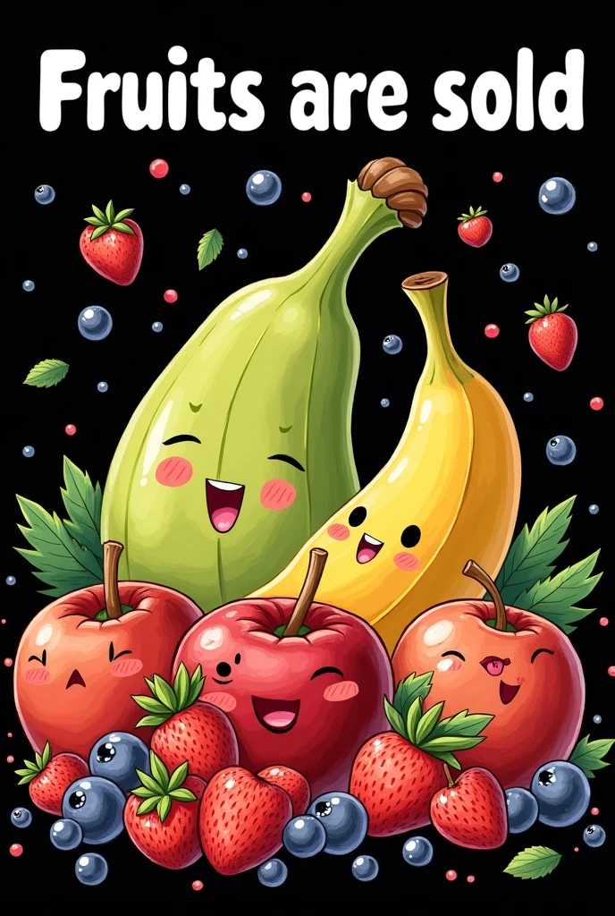 create an image with several fruits from one piece, background color black com um texto escrito: Fruits are sold 