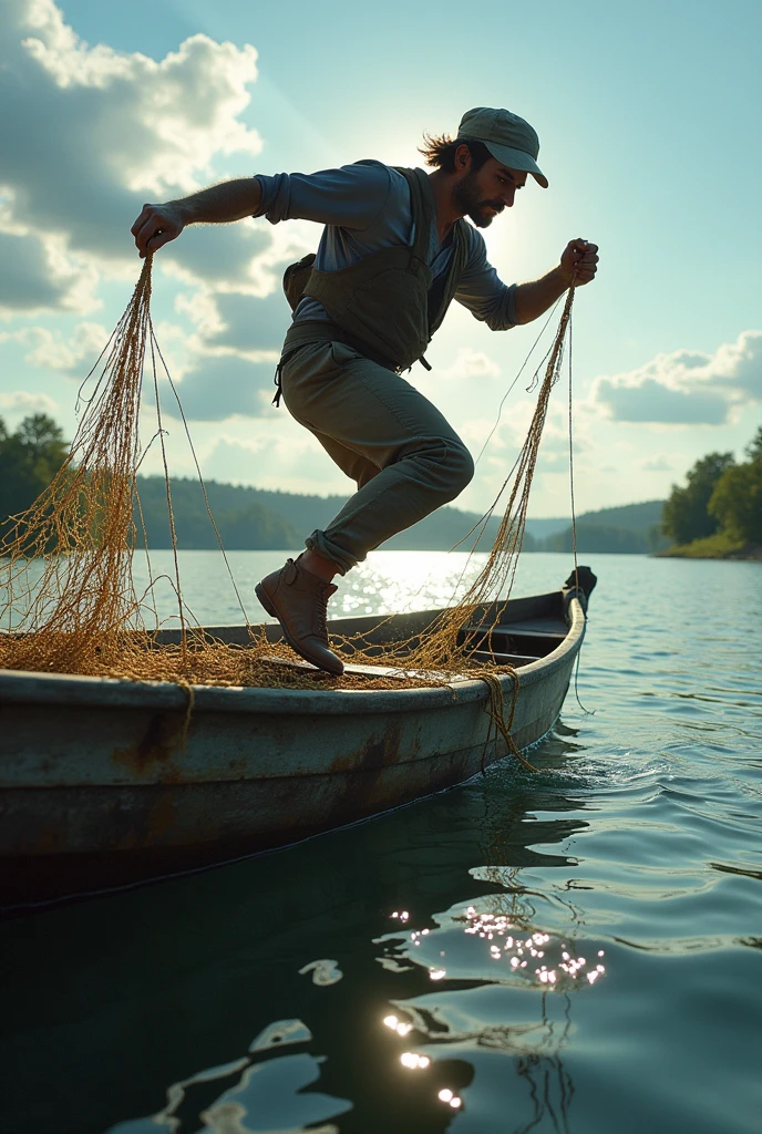 A man jumps from boat to tie a rope on fishing net but unfortunately his foot slipped and got a cut wound.