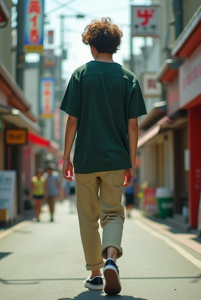 Guy with brown curls walking with his back to the camera wearing a dark green oversized shirt. Beige pants. A street in Japan in the background. at daytime. And it says Yona. Black Vans shoes with white stripes 