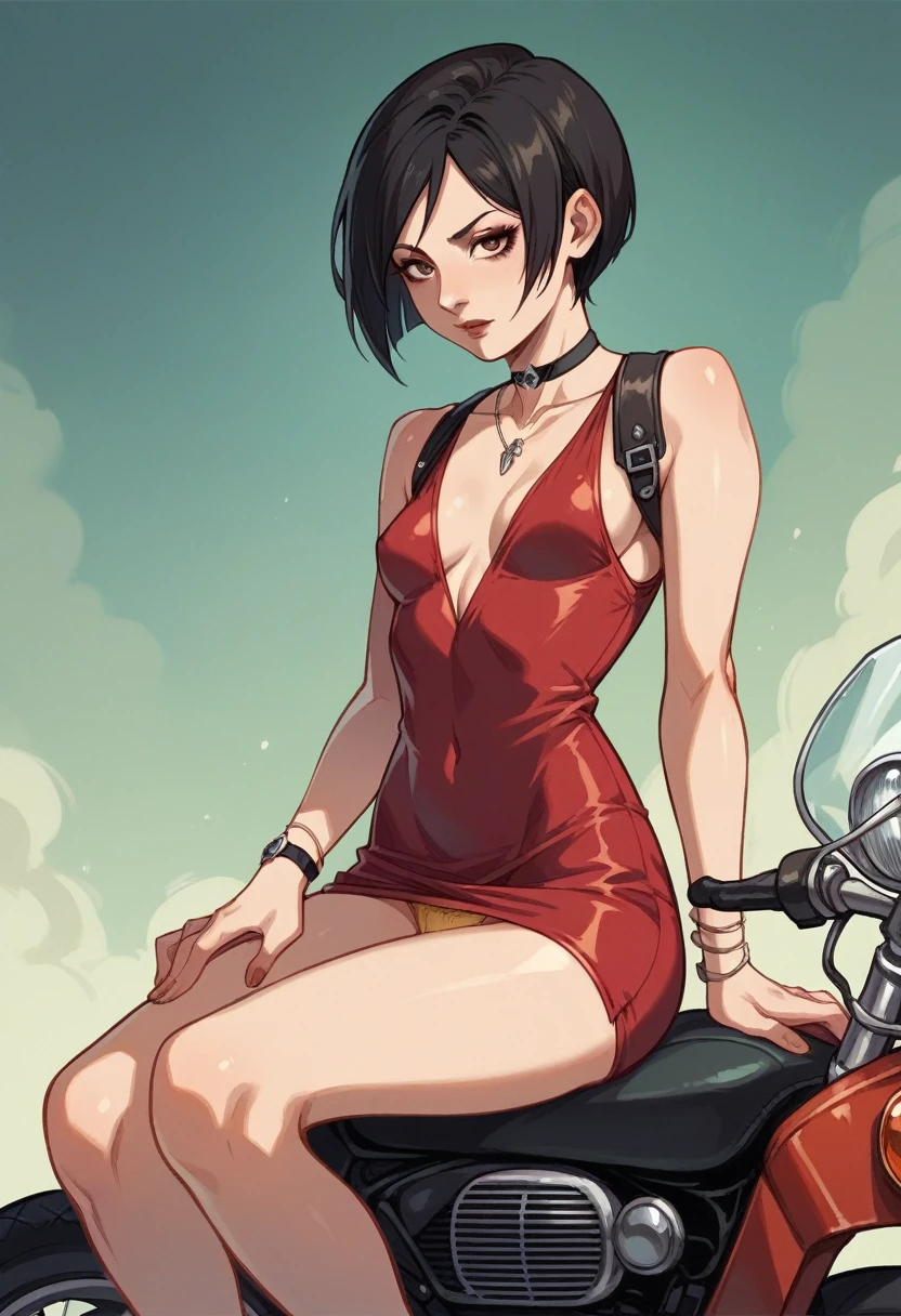 Ada Wong from Resident Evil sitting on a motorcycle wearing a short red dress showing a bit of her yellow panties underneath the dress, small breasts